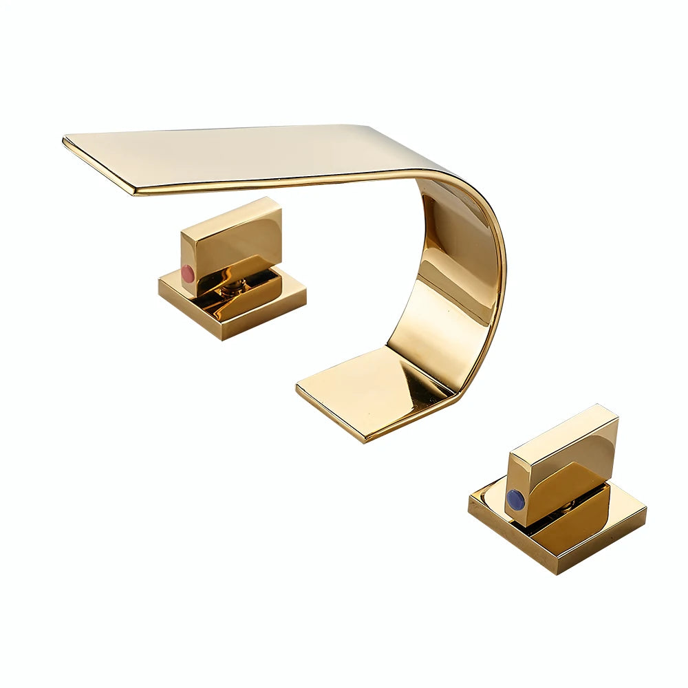 BAKALA 3 Pieces Brush And Gold Deck Mounted Waterfall Wide Spout Double Handles Bath Bathtub Faucet Bathroom Mixer Tap