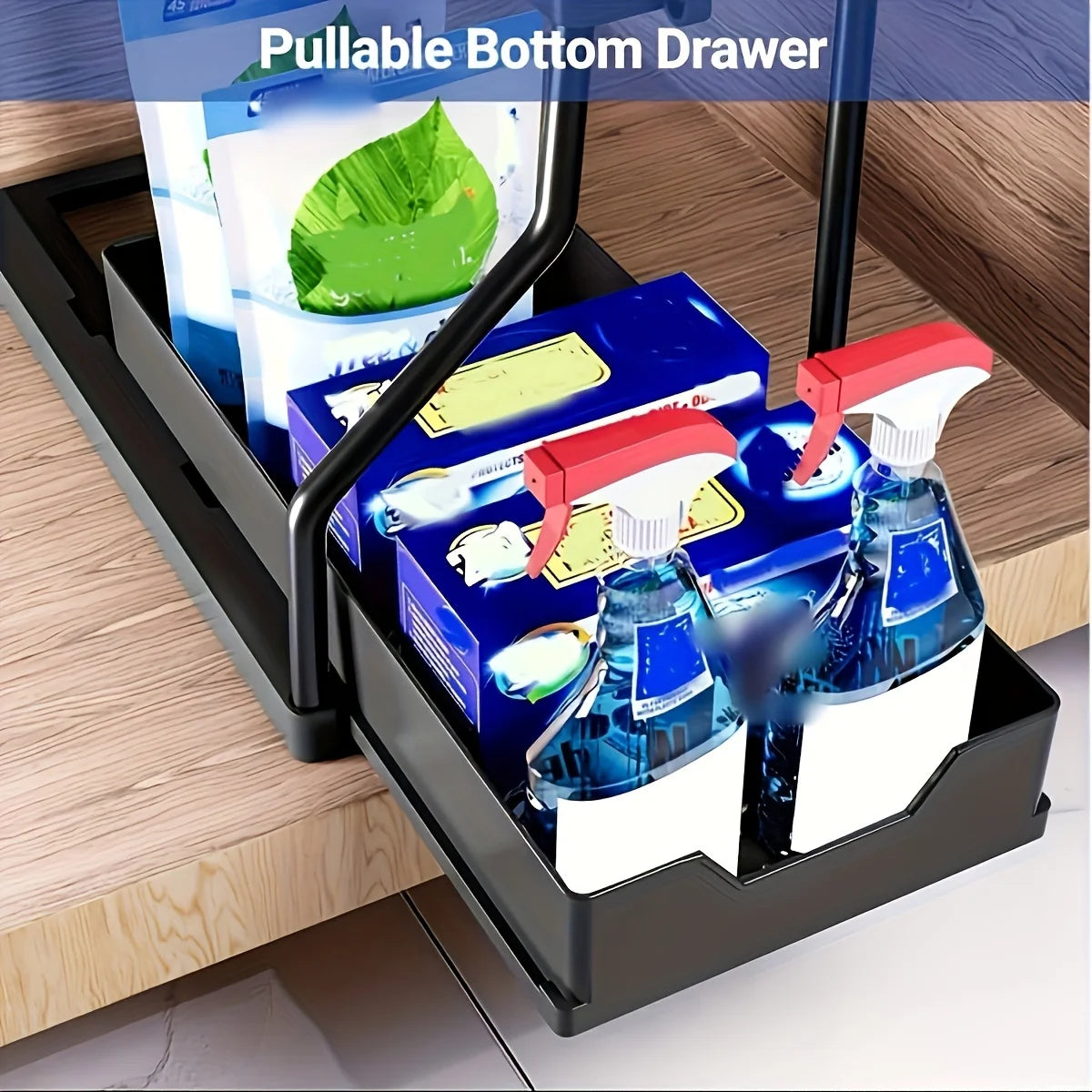 1pc Laoyeboubi 2-Tier Plastic Storage Organizer Pull-Out Drawer Kitchen Bathroom Space-Saving Durable Large Capacity