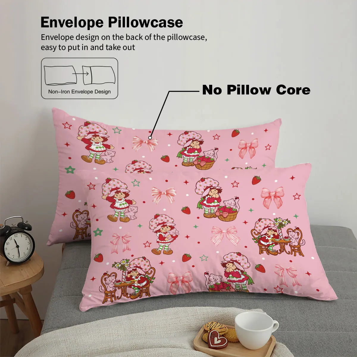 3pcs Pink Strawberry Girl Printed Down Duvet Cover Set, Multi Size Bedroom Bedding Decoration, Machine Washable