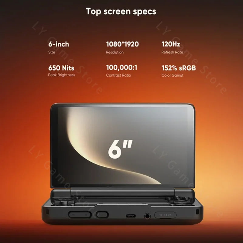 Thor 6” Handheld Gaming Console Dual OLED Screens Powered by Qualcomm Snapdragon CPU and Android 13, with a 6000mAh battery and hall stick controls for an immersive gaming experience on the go.