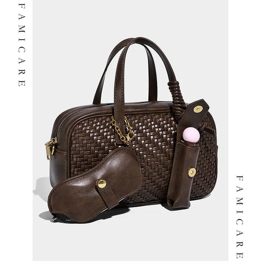 Women's Boston Bag 2025 Fall Winter New Woven Bowling Bag Unique Design Handheld Pack Trendy Light Luxury PU Leather Handbag