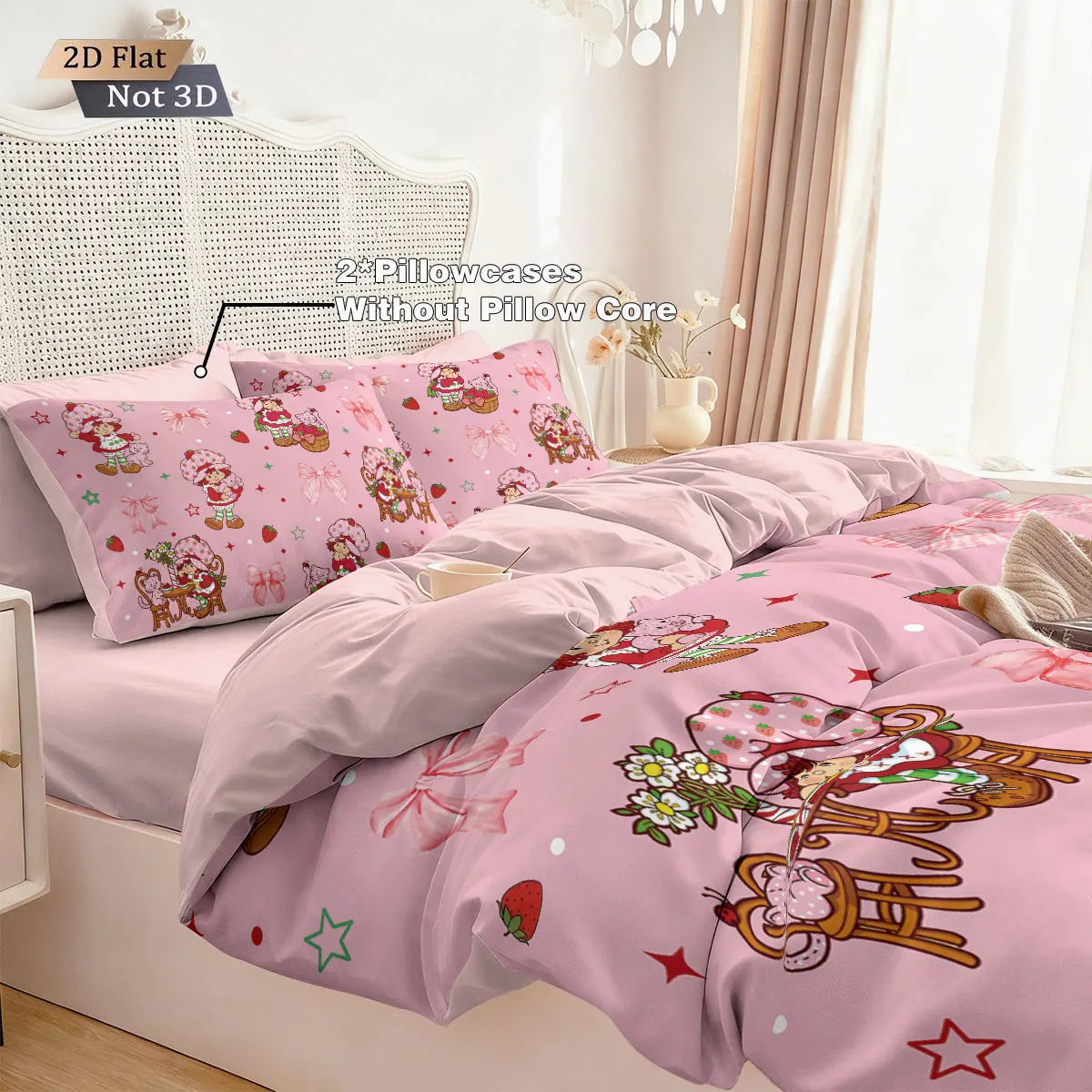 3pcs Pink Strawberry Girl Printed Down Duvet Cover Set, Multi Size Bedroom Bedding Decoration, Machine Washable