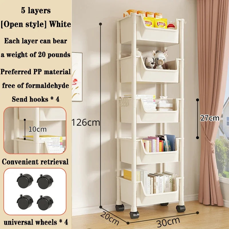 Multi-Tier Snacks Trolley Living Room Mobile Bookshelf with Wheels Bathroom Storage Shelf Kitchen Cabinet Plastic Cart Organizer