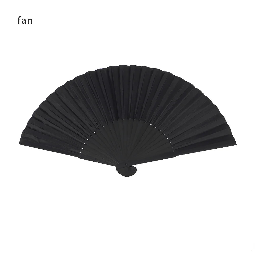 8.27"(21cm) Black Silk Folding Fan Chinese Style Hand Held Bamboo Fans Ribs Home Party Decoration Dance Props Desktop Ornament