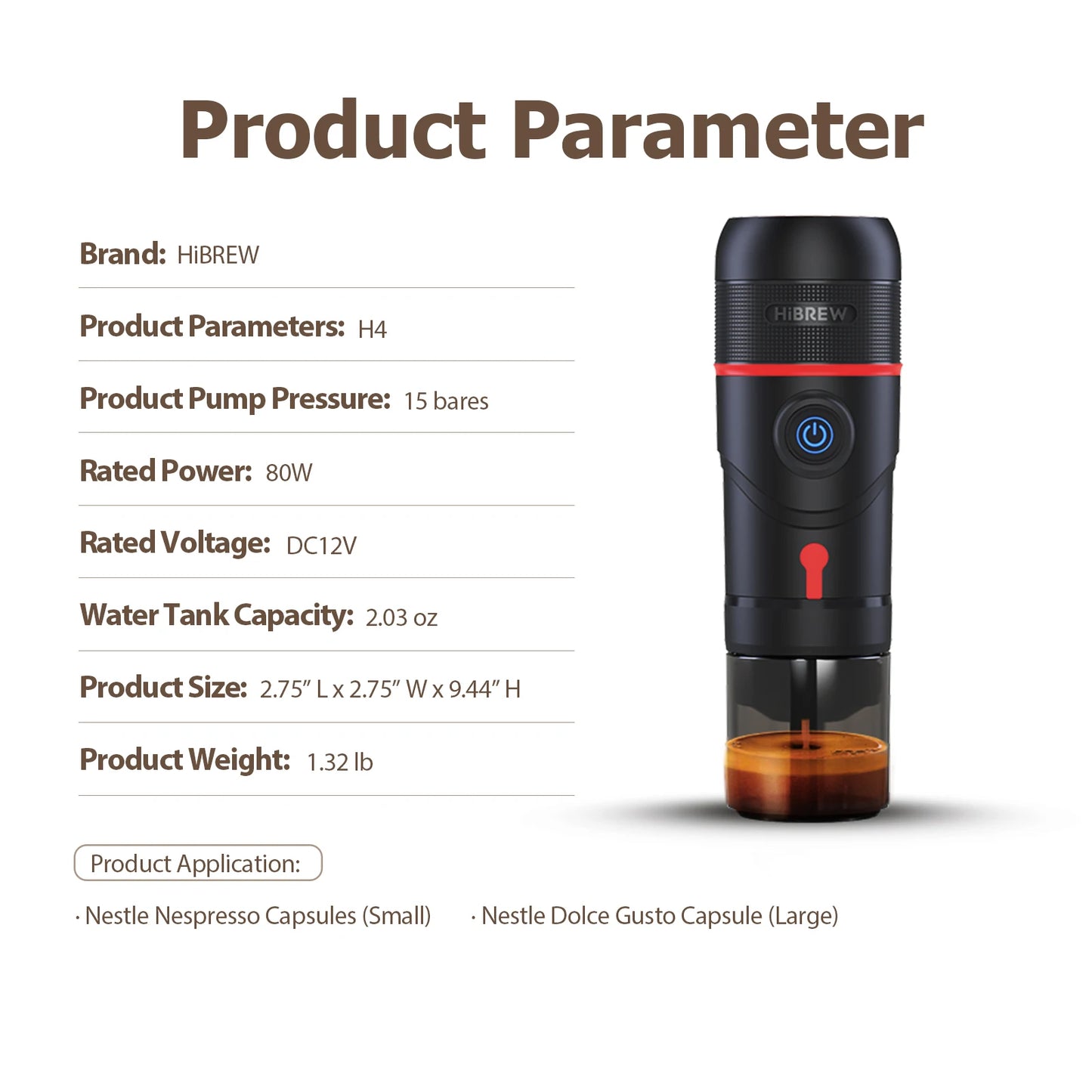 HiBREW Portable Coffee Machine for Car & Home Expresso Coffee Maker Nexpresso Dolce Pod Capsule Coffee Powder H4 Basic Version