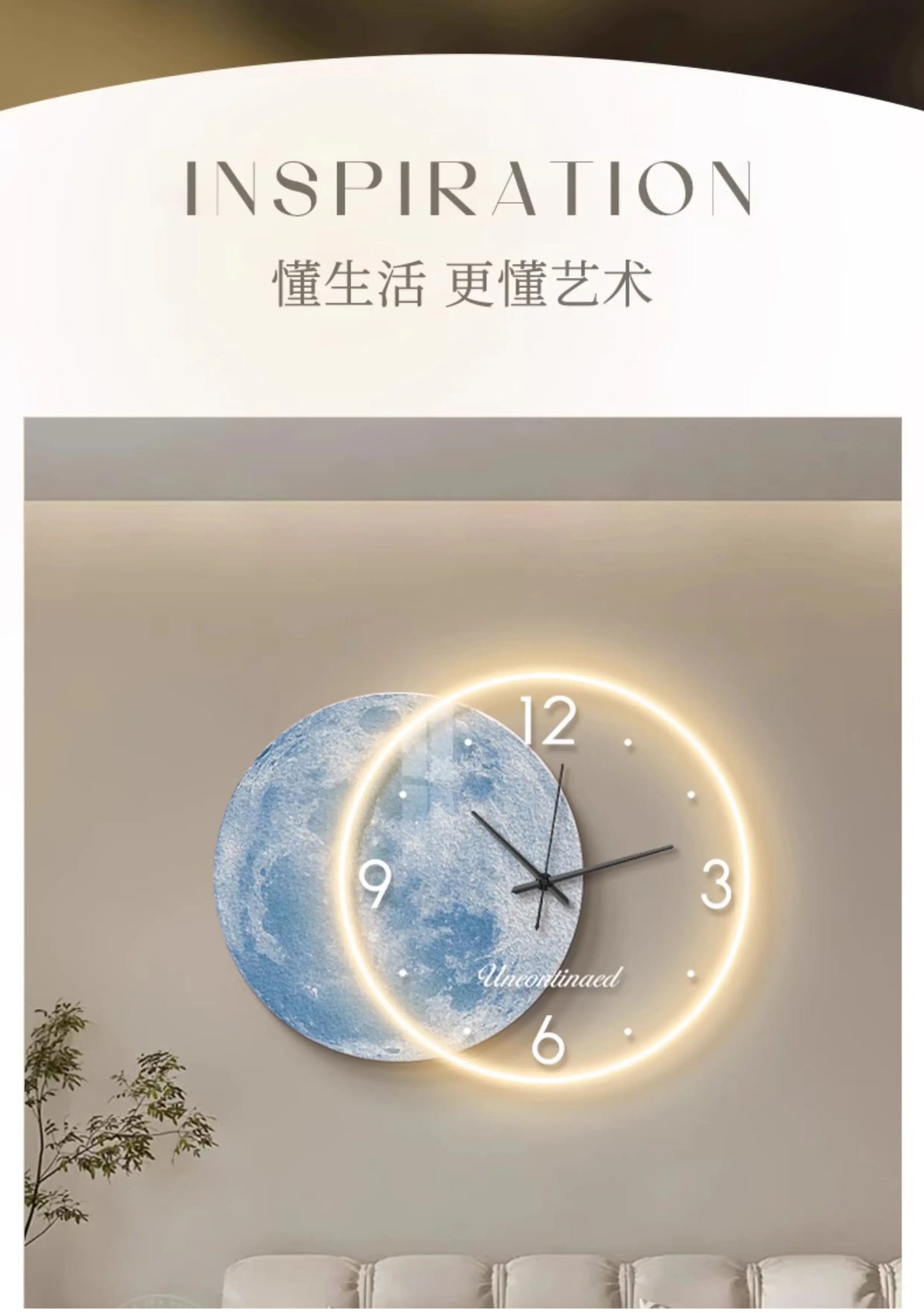 Adhesive Moon Wall Clock with LED Light No Drill Silent Modern Night Light for Living Room Dorm Kitchen Decoration