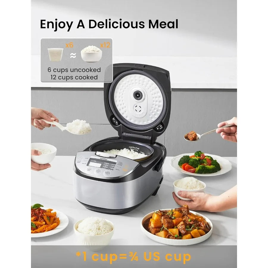Portable 6 Cups Uncooked Non-Stick Rice Cooker with Fuzzy Logic Technology 24-Hour Timer Delay 11 Presets Steame