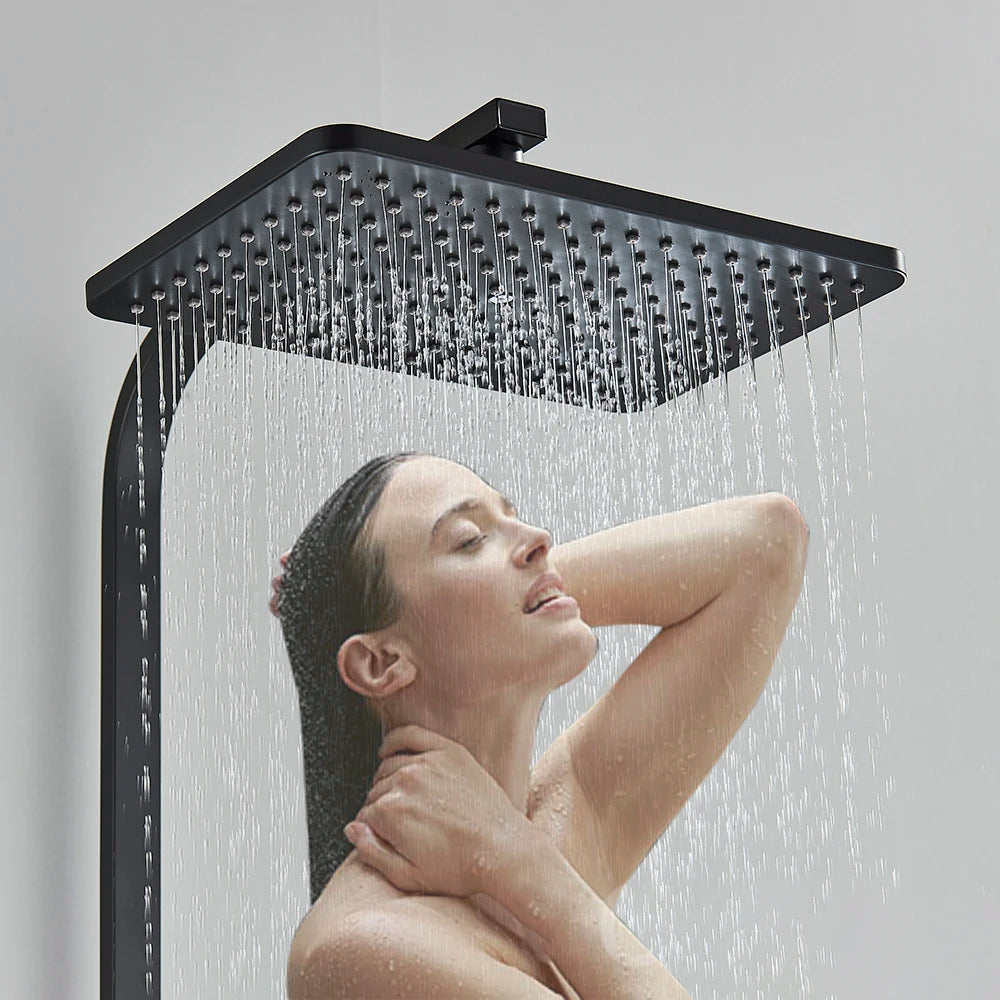 Black Display Thermostatic Shower Faucet Set Rainfall Bathtub Tap With Bathroom Shelf Water Flow Produces Electricity