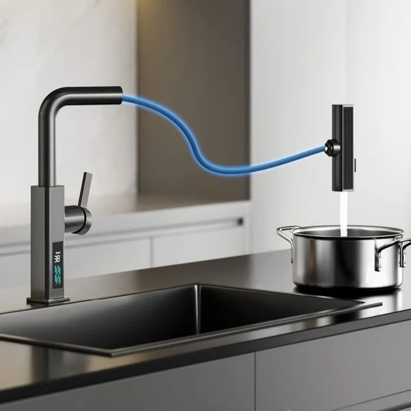 Waterfall Temperature Digital Display Pull Out Kitchen Faucet 3 Modes Stream Sprayer Hot Cold Water Sink Mixer Wash Tap