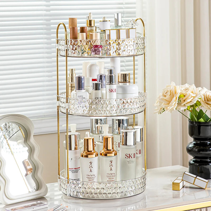 360° Rotating Cosmetic Organizer – 3-Tier Design Transparent diamond pattern rack with smooth rotation. Stylish, space-saving storage for bathroom or vanity essentials.