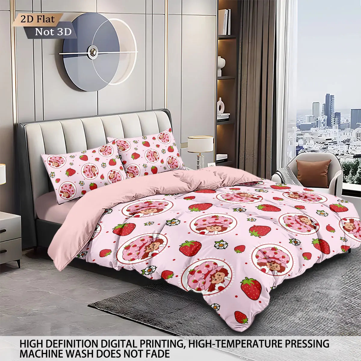 3pcs Pink Strawberry Girl Printed Down Duvet Cover Set, Multi Size Bedroom Bedding Decoration, Machine Washable
