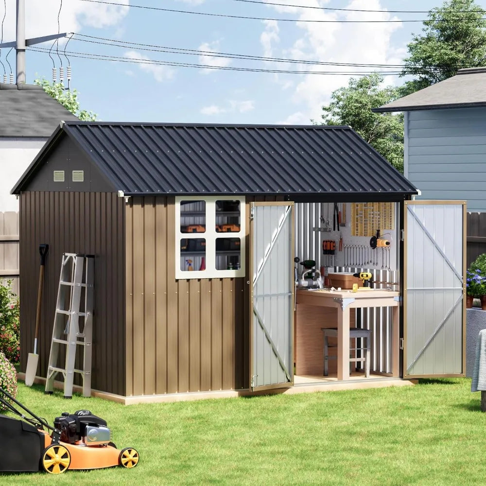 Update 8x10 FT Outdoor Metal Storage Shed, Single Door, 1 Clear Window, Tool Shed for Garden, Patio, Backyard Brown