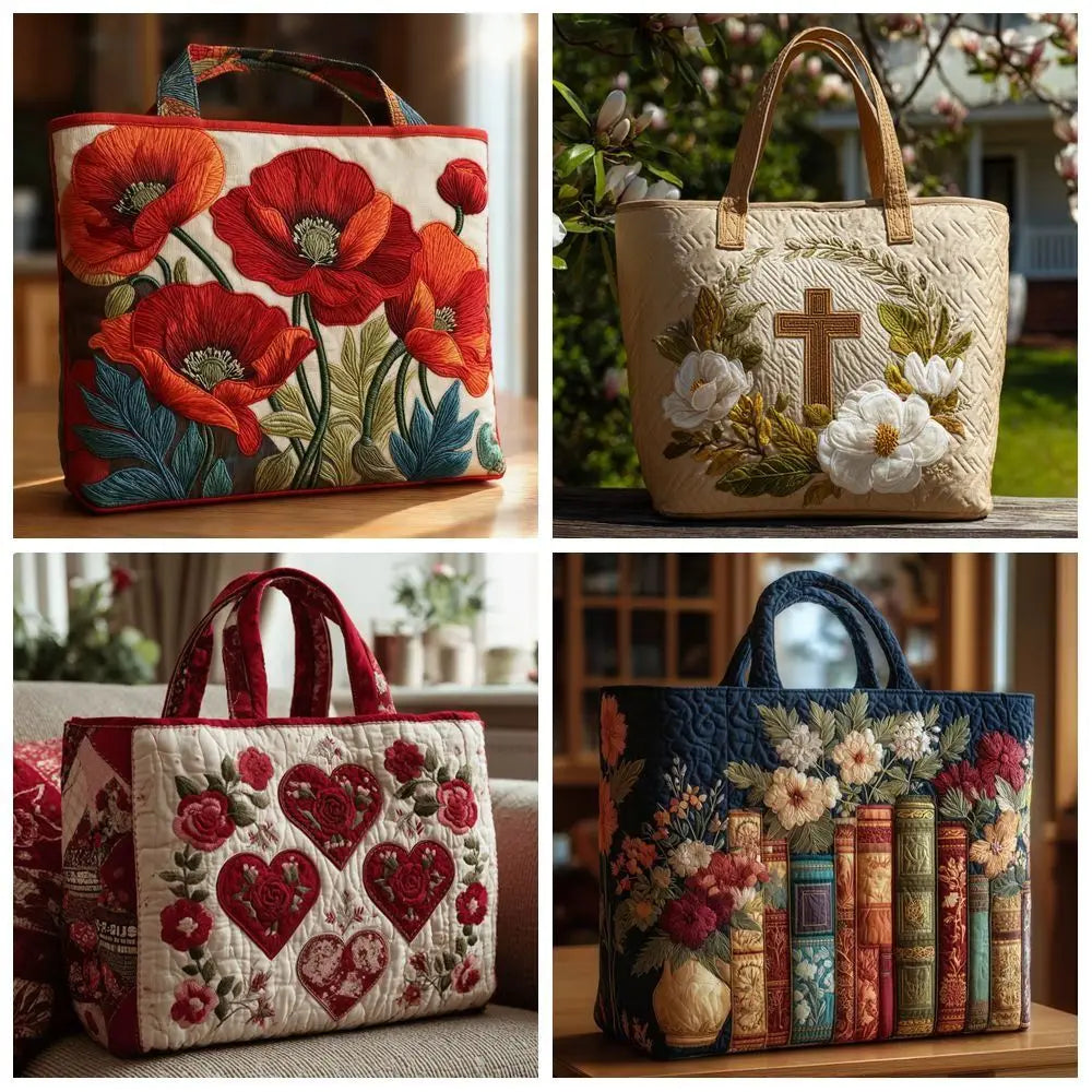 New Cat Pattern Quilted Tote Bag for Women Floral Print Large Capacity Shoulder Tote Bag Soft 3D Shoulder Bag Shopping Bag