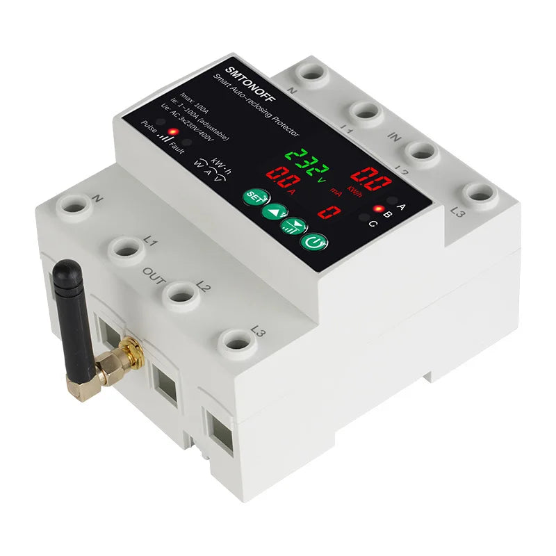 Tuya WiFi Three Phase 4P 63A Auto-Reclosing Over Under Voltage Protector Prepaid Meter Timer Switch Voice Remote Control