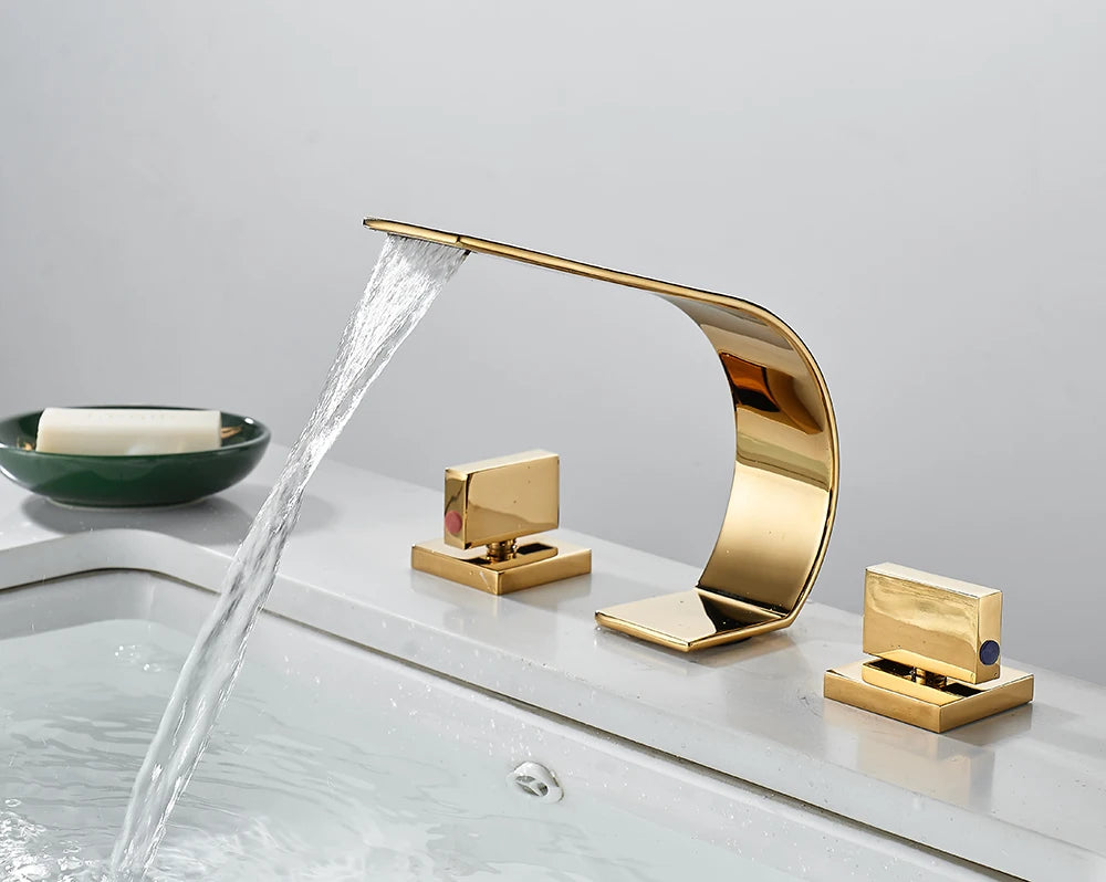 BAKALA 3 Pieces Brush And Gold Deck Mounted Waterfall Wide Spout Double Handles Bath Bathtub Faucet Bathroom Mixer Tap