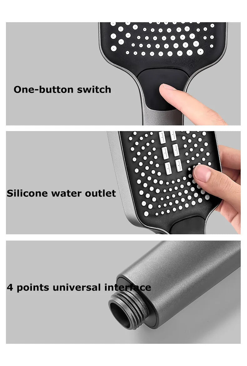 Square Button Adjustable Shower Head Silver Booster Shower Head Thickened Water Outlet Shower Head Set