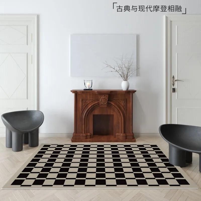 French Retro Rugs for Bedroom Checkerboard Living Room Decoration Carpet Ins Wind Plaid Bedside Floor Mat Large Area Plush Rug