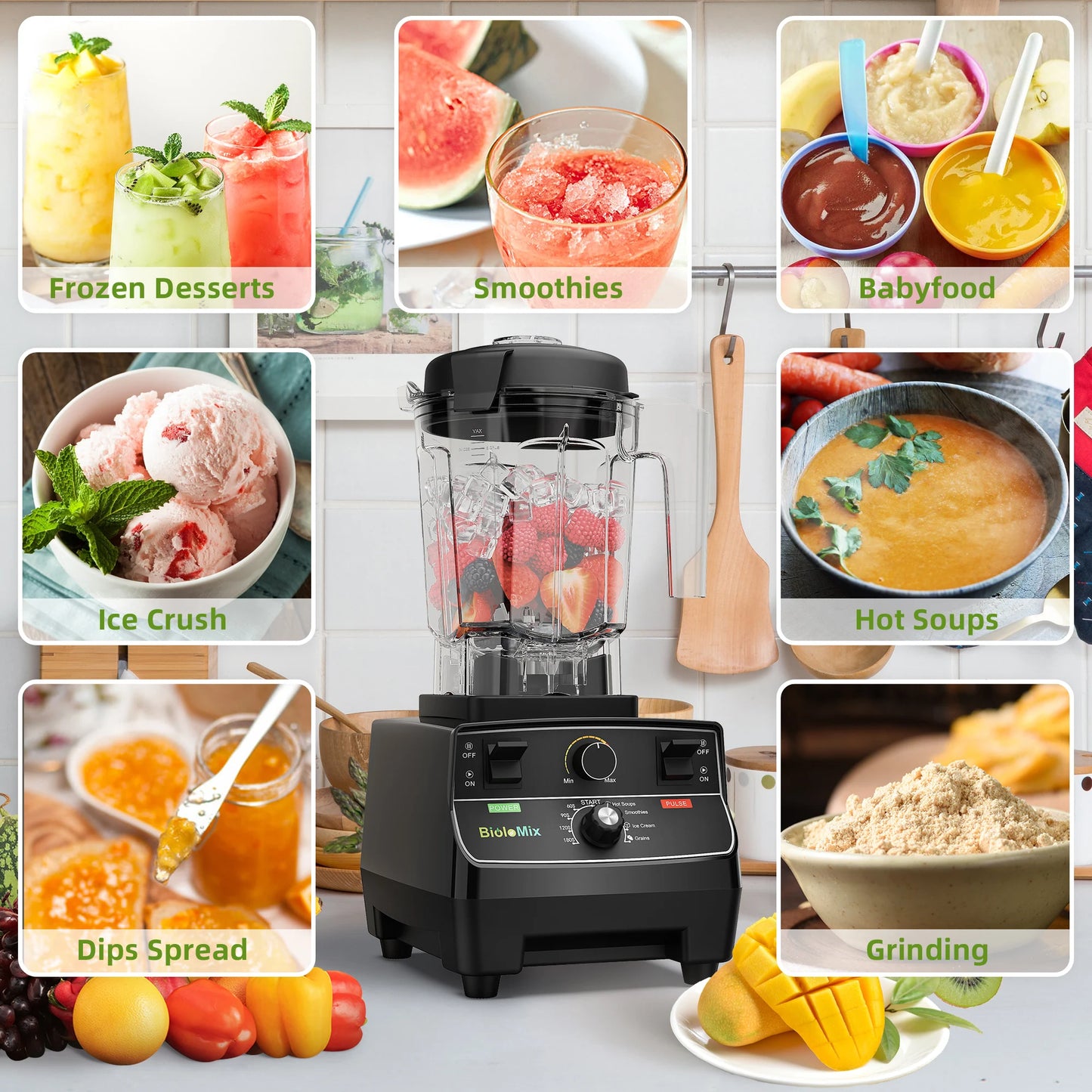 BioloMix 2200W High Power Smart Blender with Pre Programmed Modes 2L Round Jar Perfect for Smoothies Ice Crusher and Food Prep