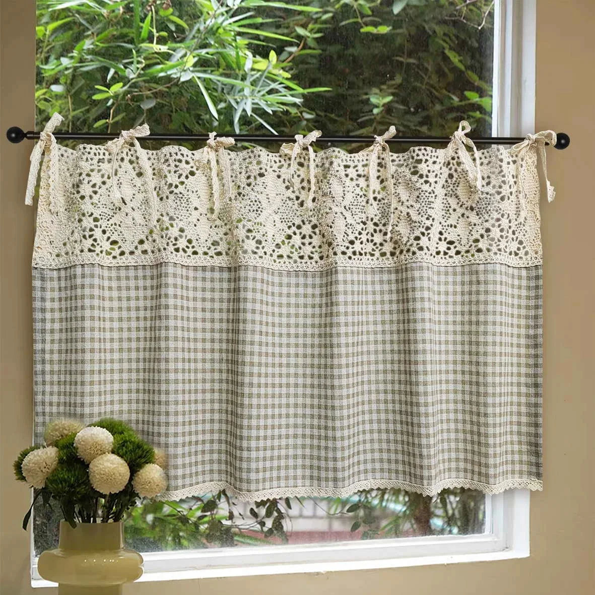 American Crochet Hollow Flower Splicing Checked Short Curtain for Kitchen Small Window Rustic Window Decoration Tie Cafe Curtain
