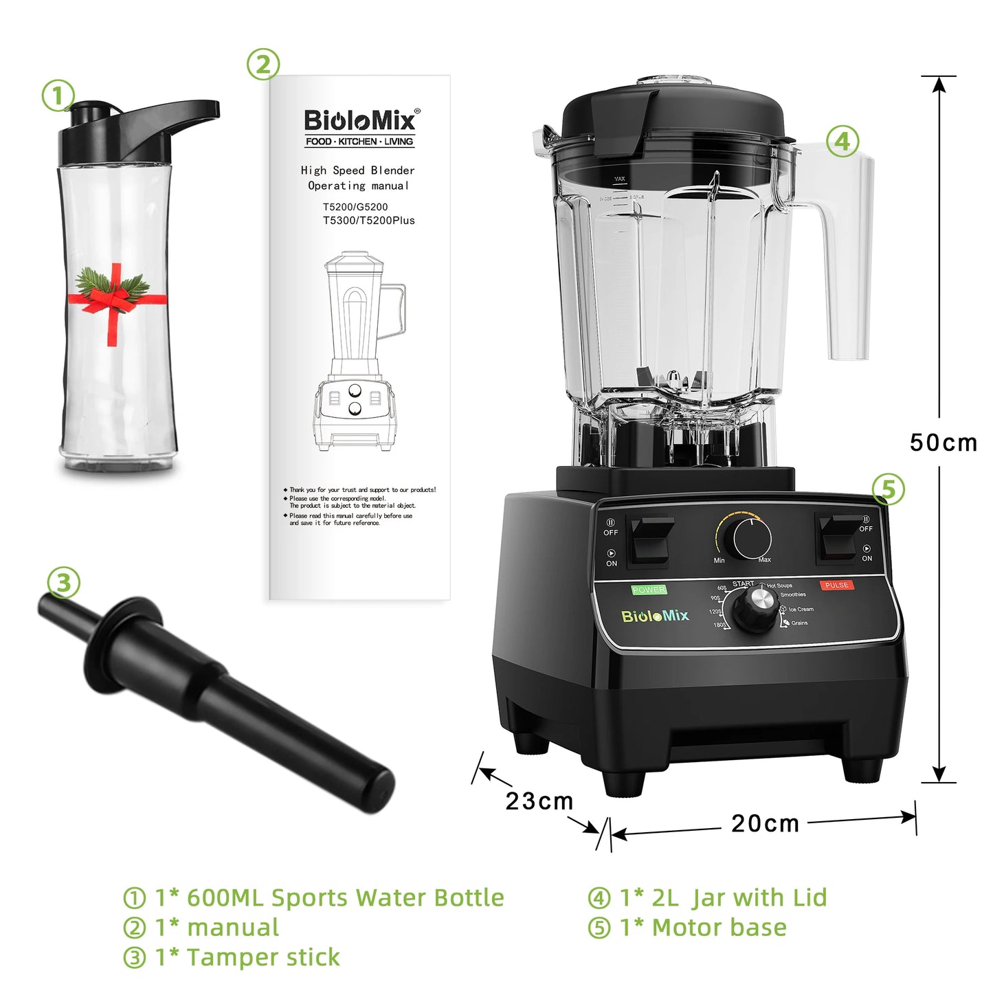 BioloMix 2200W High Power Smart Blender with Pre Programmed Modes 2L Round Jar Perfect for Smoothies Ice Crusher and Food Prep