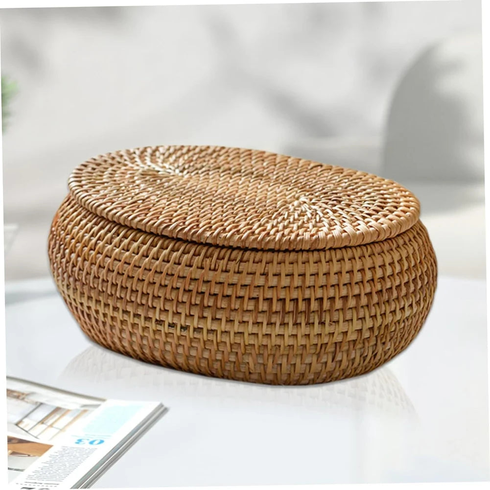 SEWS-Rattan Box Storage Baskets With Lid, Rattan Basket, Handwoven Round Woven Basket, Desktop Decorative Box For Home,Office