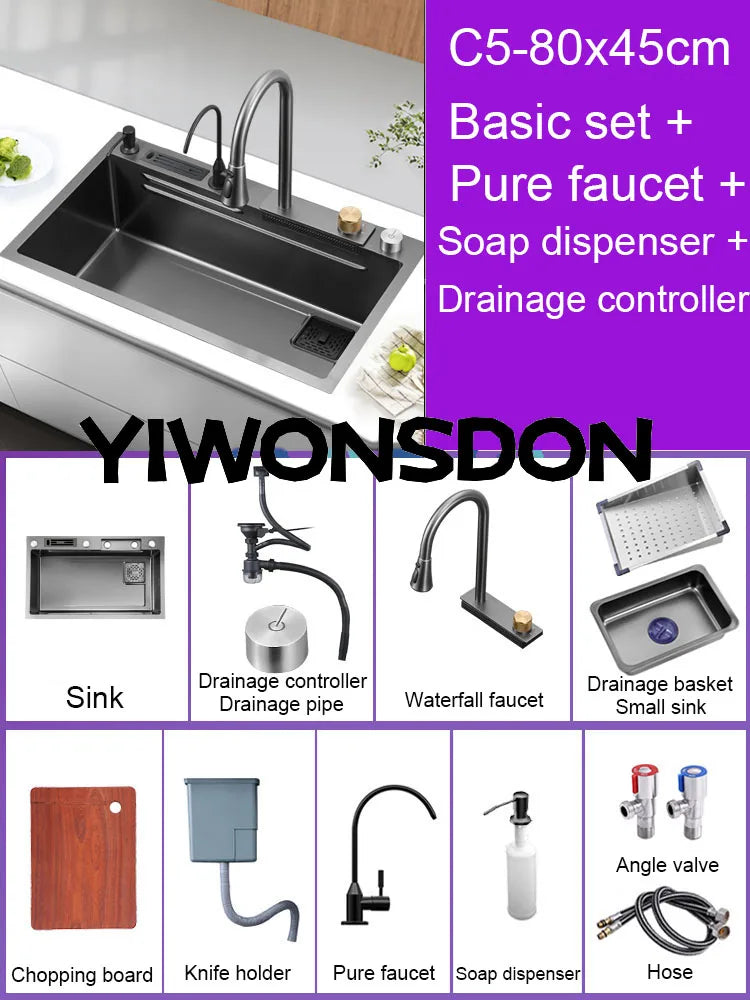 Multifunction Black Nano Kitchen Sink Waterfall Faucet Large Single Bowl Cup Washer Pure Tap Soap Dispenser 304 Stainless Steel