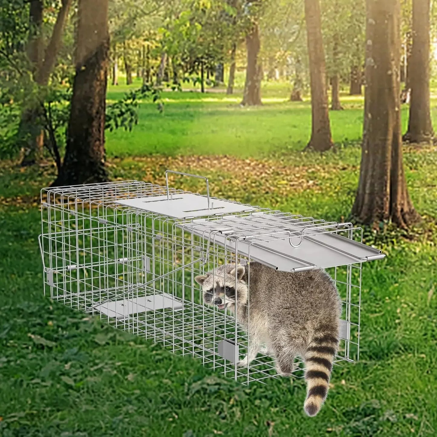 Live Animal Cage Trap,24" x 8" x 8" Humane Cat Trap Galvanized Iron,Folding Animal Trap with Handle for Small Rabbits Groundhogs