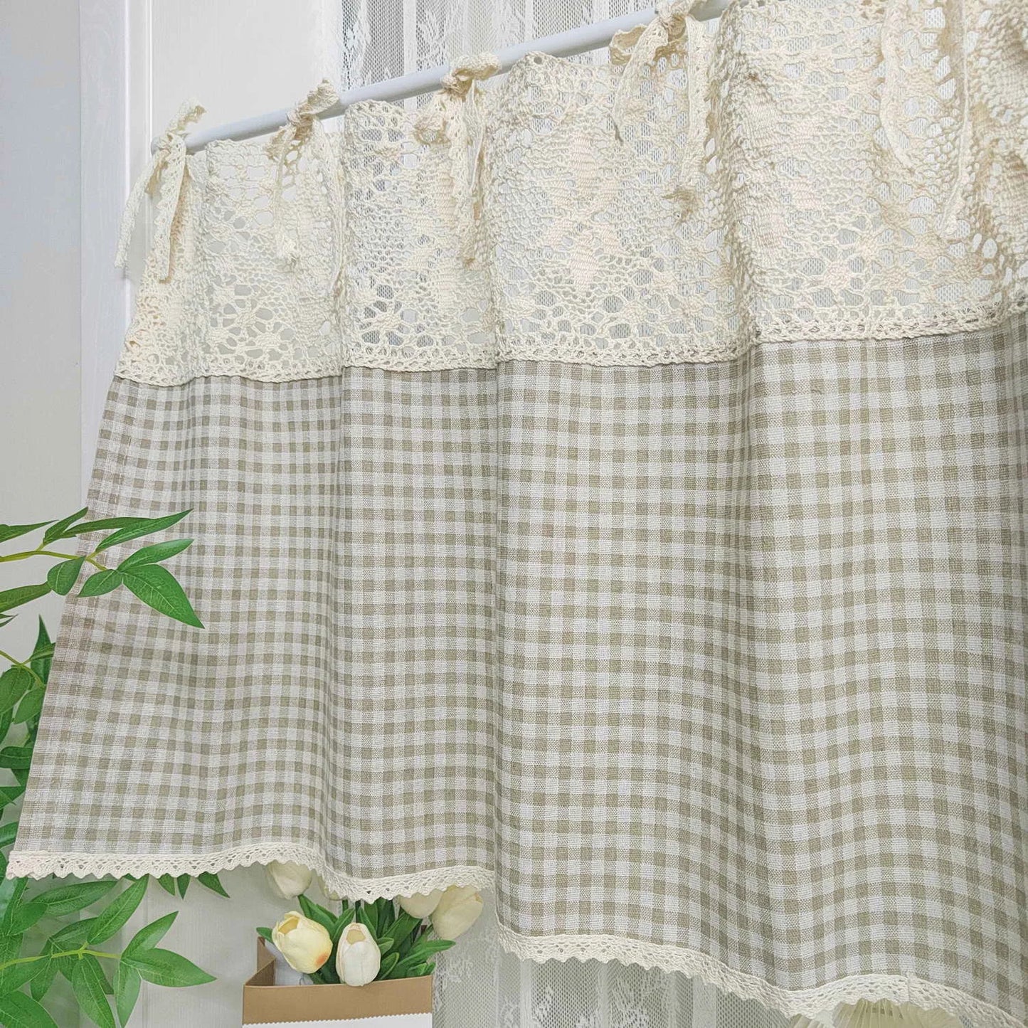 American Crochet Hollow Flower Splicing Checked Short Curtain for Kitchen Small Window Rustic Window Decoration Tie Cafe Curtain