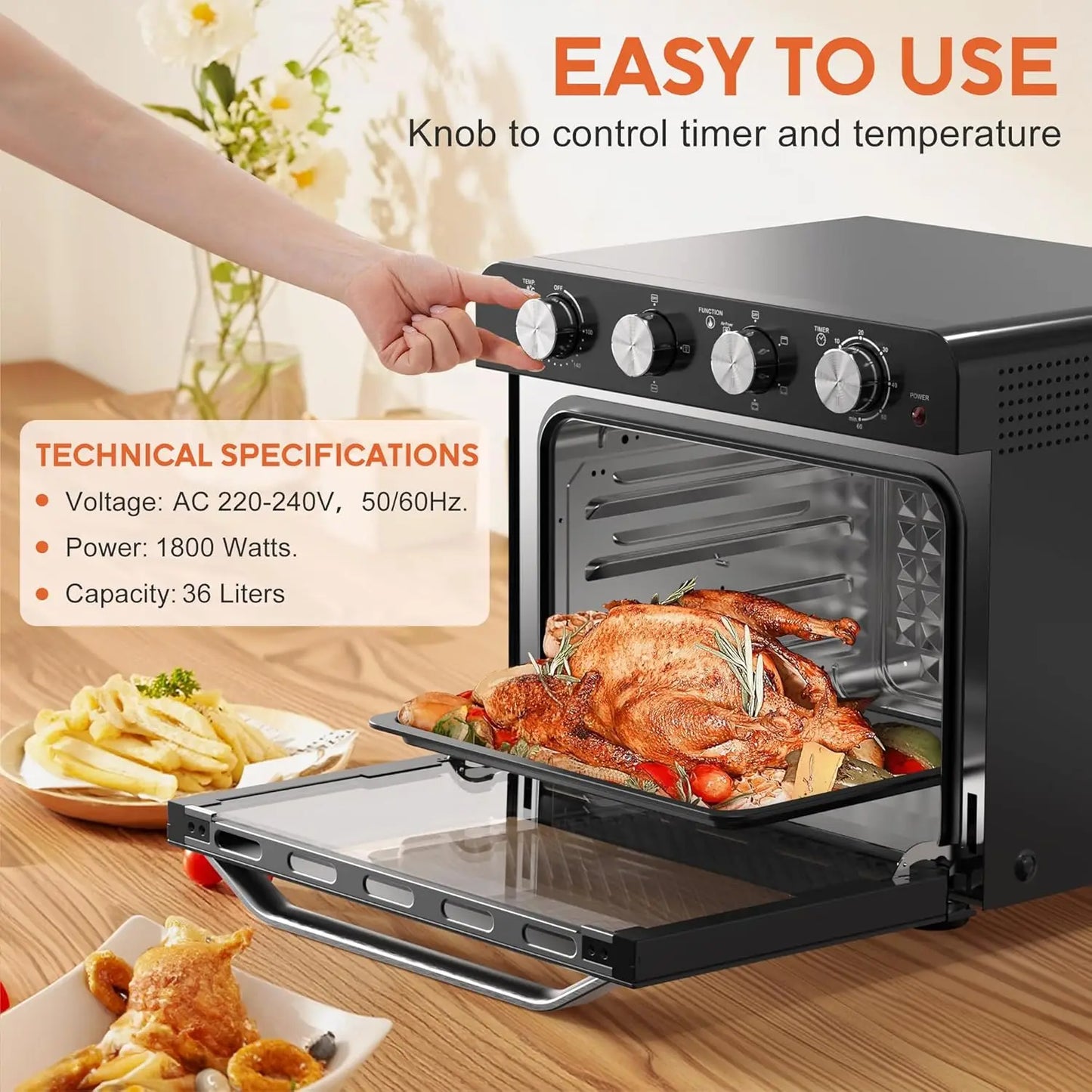 Karinear 36L Air Fryer Oven, 1700W Stainless Steel Airfryer 10 in 1 Countertop Oven, Double-layered Glass Door, Accessory Set