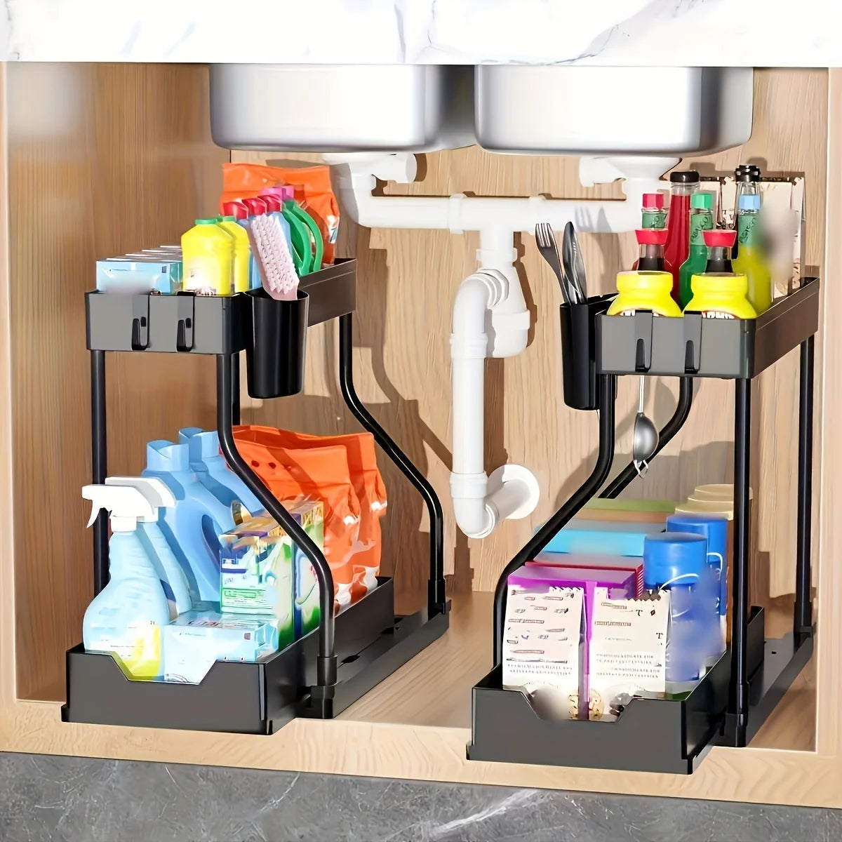 1pc Laoyeboubi 2-Tier Plastic Storage Organizer Pull-Out Drawer Kitchen Bathroom Space-Saving Durable Large Capacity