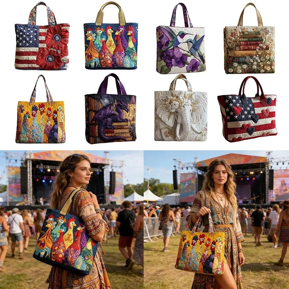 Trendy Vintage Quilted Tote Bag 3D Printed Patterns Large Capacity Travel Handbag Cotton Lightweight Canvas Bag Women Accessory
