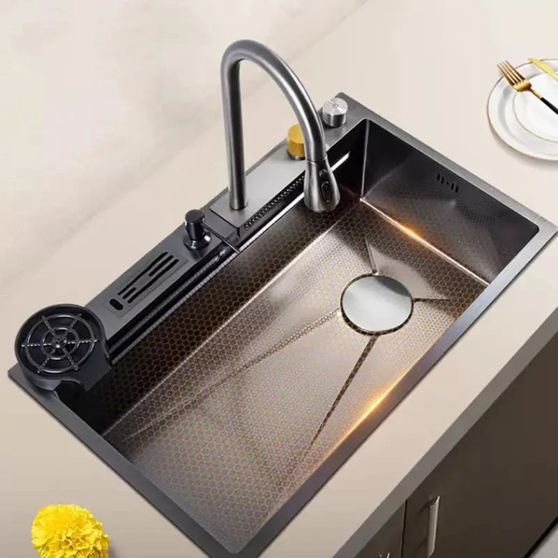 Multifunction Black Nano Kitchen Sink Waterfall Faucet Large Single Bowl Cup Washer Pure Tap Soap Dispenser 304 Stainless Steel