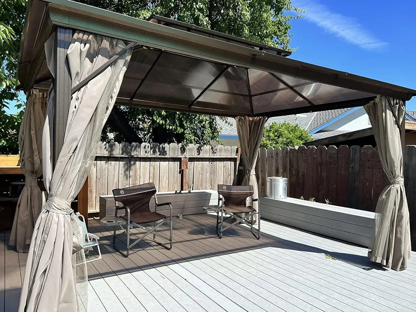 10'x13' Hardtop Gazebo, Outdoor Polycarbonate Double Roof Canopy, Aluminum Frame Permanent Pavilion with Curtains and Netting