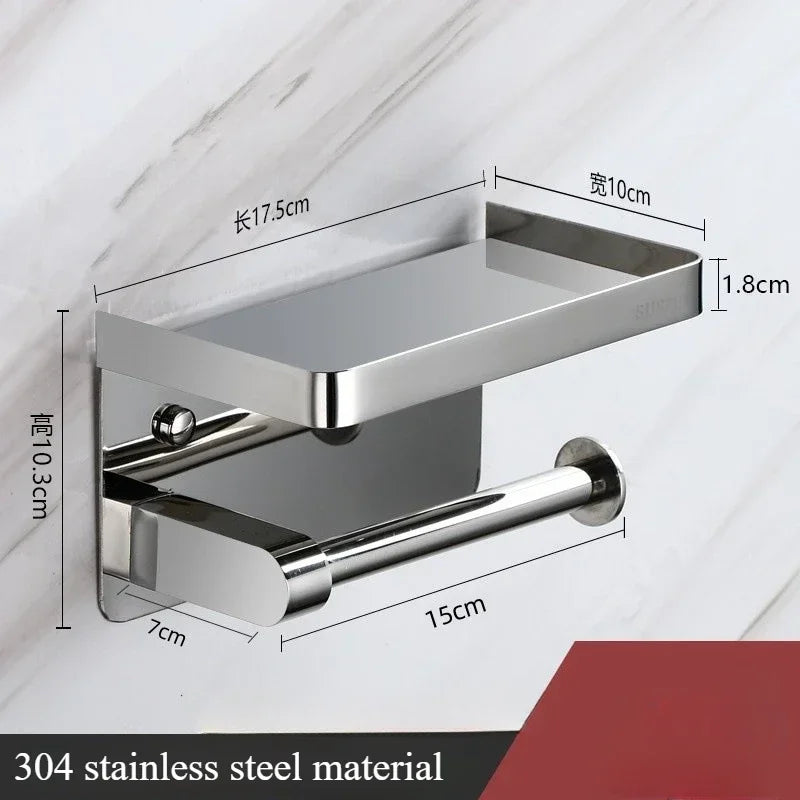 Toilet paper rack 304 stainless steel tissue holder, mobile phone rack, non-punching bathroom roll holder