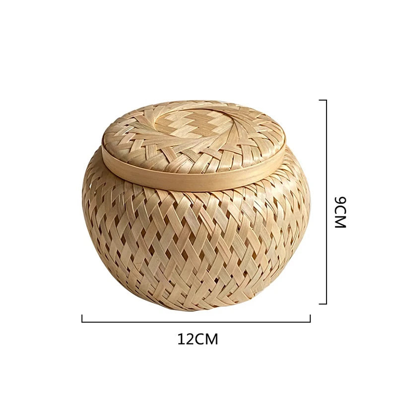 Bamboo Storage Basket With Lid Double Layer Handmade Woven Tea Basket Tabletop Storage Box for Tea Fruit Dried Fruit Snack Food