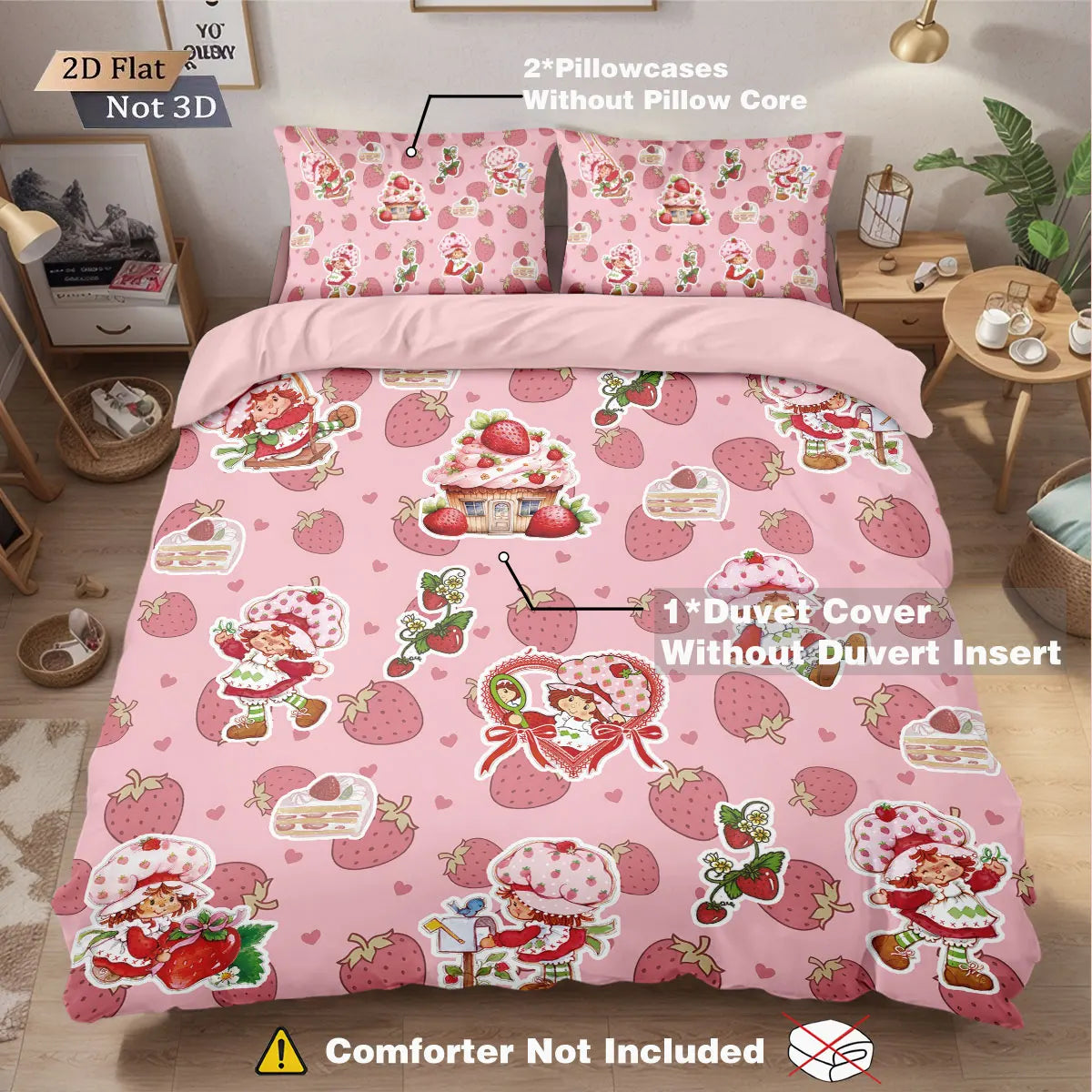 3pcs Pink Strawberry Girl Printed Down Duvet Cover Set, Multi Size Bedroom Bedding Decoration, Machine Washable