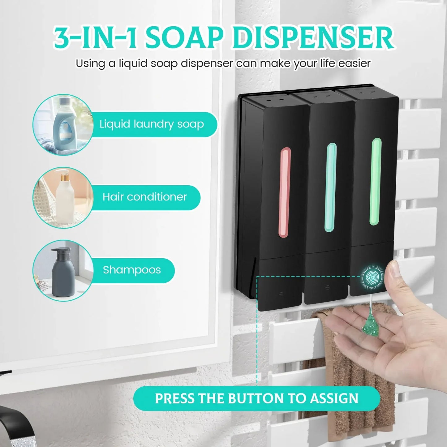 400ML Soap Dispenser Wall Mounted 3 Chamber Shower Soap Dispenser Adhesive Shampoo Conditioner Dispenser Bathroom Accessories