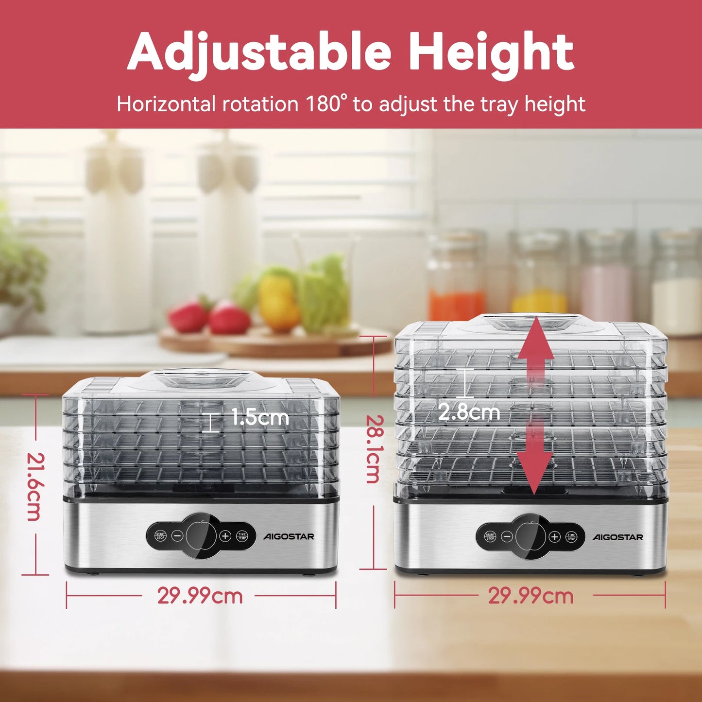 Aigostar Crispy Food Dryer, 240W, 5 Trays, Automatic Drying, Great for Fruits, Meat, Vegetables etc Digital Controls, Manual Tim
