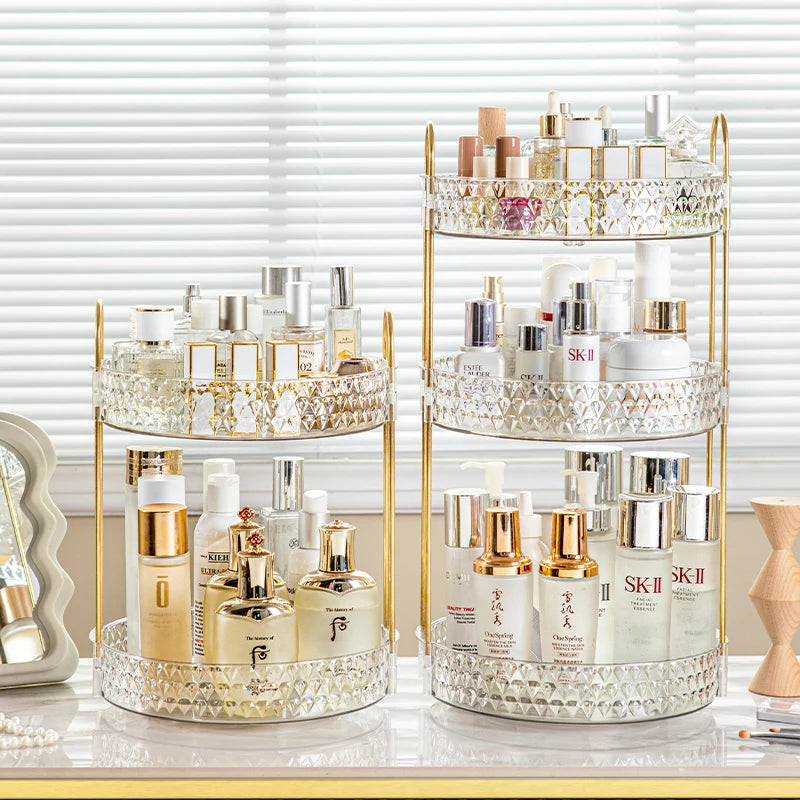 360° Rotating Cosmetic Organizer – 3-Tier Design Transparent diamond pattern rack with smooth rotation. Stylish, space-saving storage for bathroom or vanity essentials.