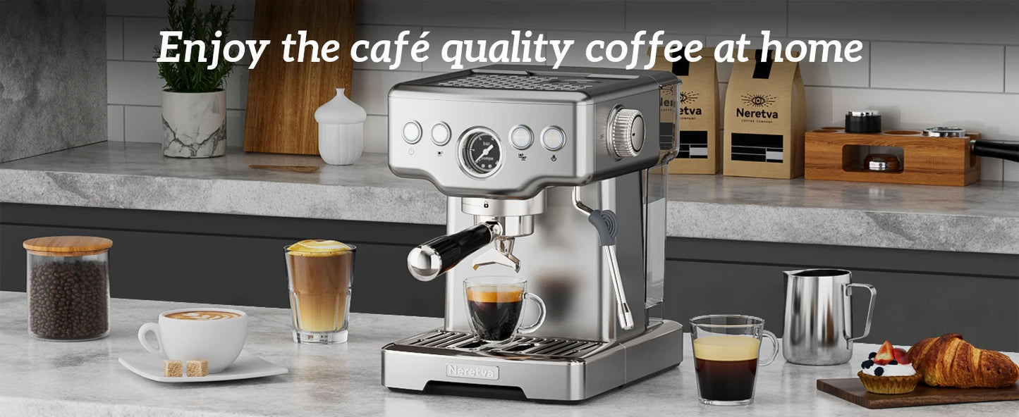Neretva 15 Bar Espresso Machine with Milk Frother Steam Wand for Cappuccino, Latte, Macchiato, 1450W （220V）