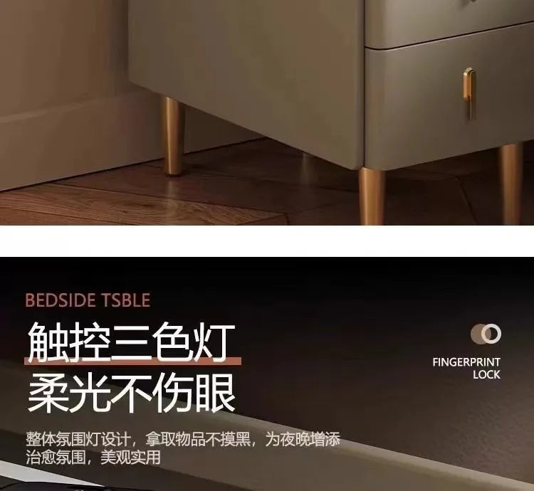 Smart Bedside Table, Solid Wood with Faux Leather Features 3 drawers, wireless charging, and side storage. Stylish and functional nightstand for modern bedrooms.