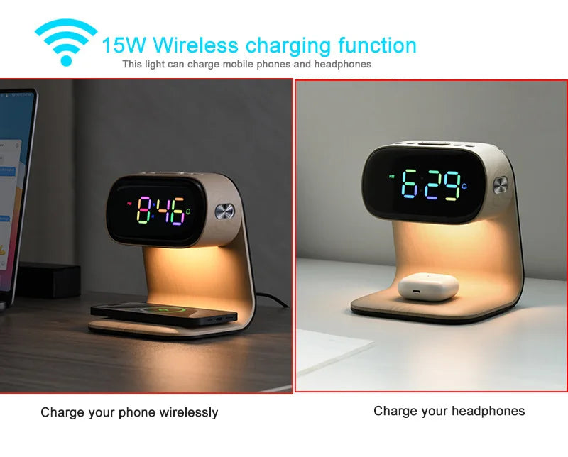 Multifunctional alarm clock with night light, wireless charging clock, holiday couple gift, three brightness adjustment clock