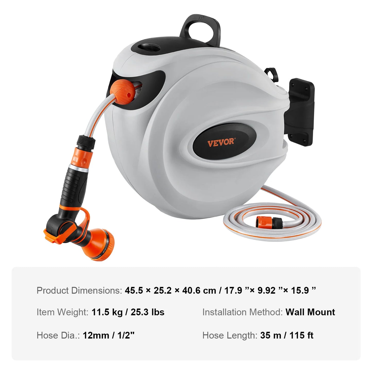 SucceBuy Retractable Hose Reel1/2 inch 180° Swivel Bracket Wall-Mounted Garden Water Hose Reel with 9-Pattern Nozzle and 3 Fast