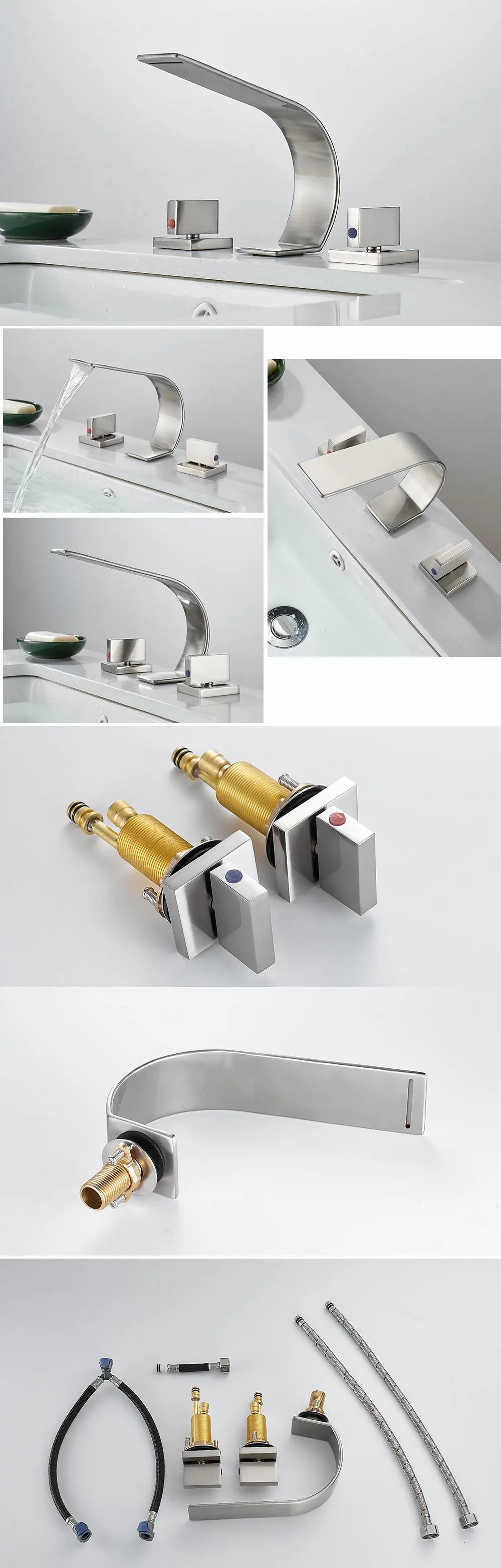 BAKALA 3 Pieces Brush And Gold Deck Mounted Waterfall Wide Spout Double Handles Bath Bathtub Faucet Bathroom Mixer Tap