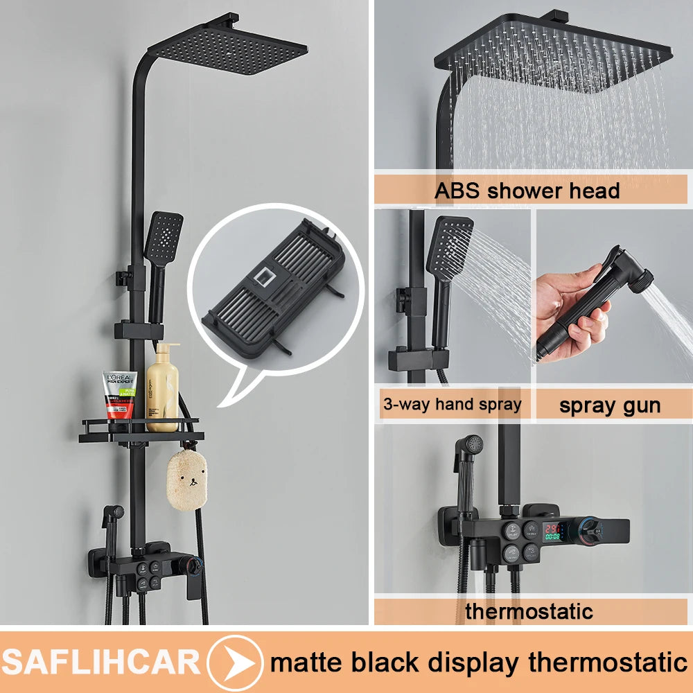 Black Display Thermostatic Shower Faucet Set Rainfall Bathtub Tap With Bathroom Shelf Water Flow Produces Electricity
