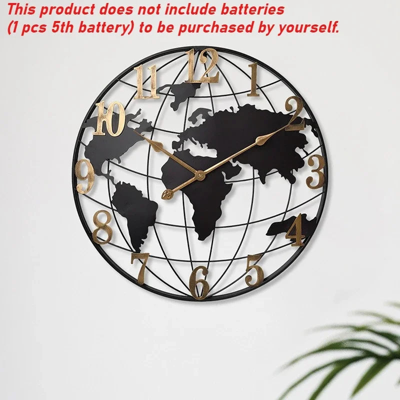 Round Silent Non-Ticking Battery Operated Wall Clocks 60/75/90cm Large Map Wall Clock Metal Minimalist Clock for Living Room