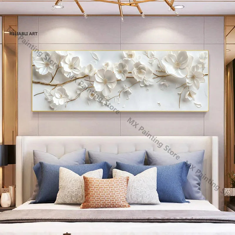 Abstract Floral Canvas Paintings,Modern Print White Flowers With Gold Branches And Leaves Posters,Nordic Living Room Decor Gift