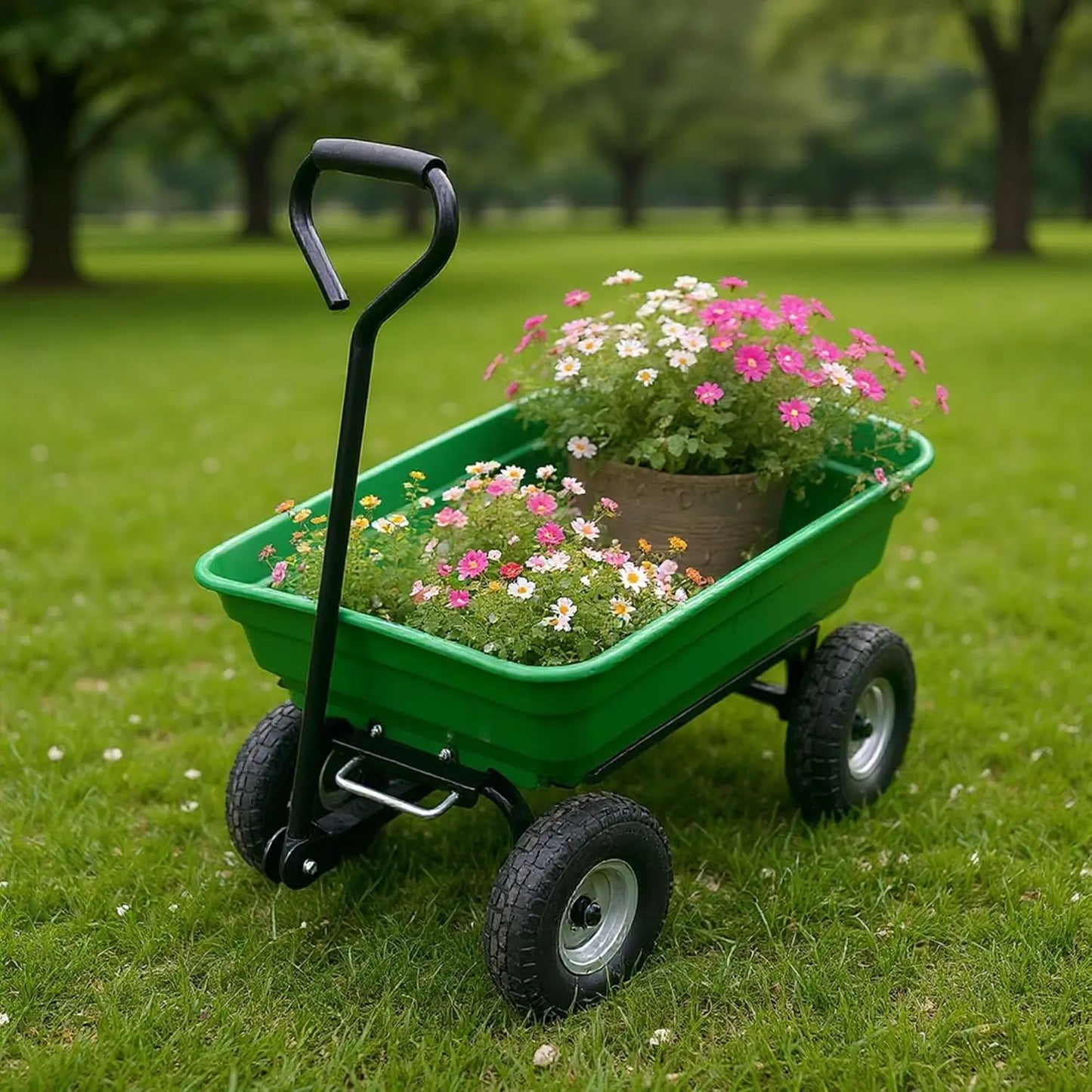 Dual-Wheel Heavy-Duty Dump Cart
1200 lb capacity poly yard wagon towable utility cart with built-in stand. Perfect for landscaping, gardening, hauling mulch, soil, firewood, or tools. Durable, easy-dump design.