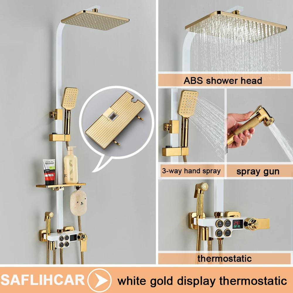Black Display Thermostatic Shower Faucet Set Rainfall Bathtub Tap With Bathroom Shelf Water Flow Produces Electricity