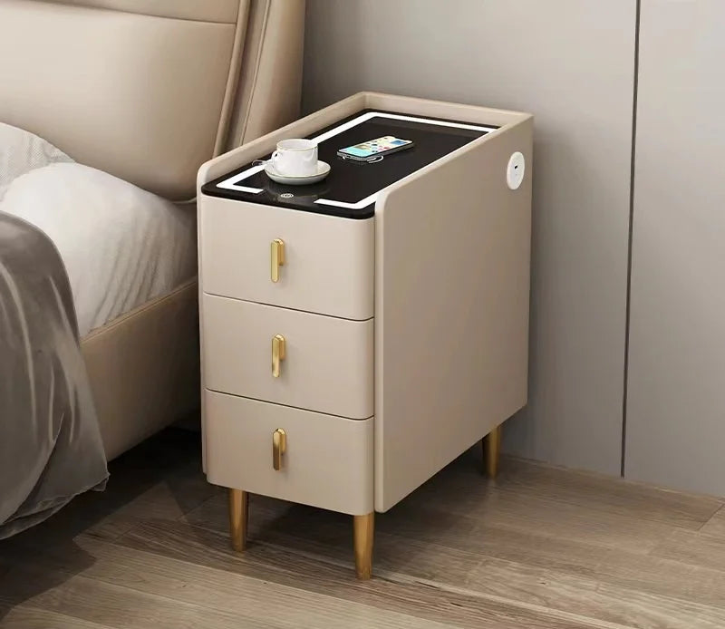 Smart Bedside Table, Solid Wood with Faux Leather Features 3 drawers, wireless charging, and side storage. Stylish and functional nightstand for modern bedrooms.